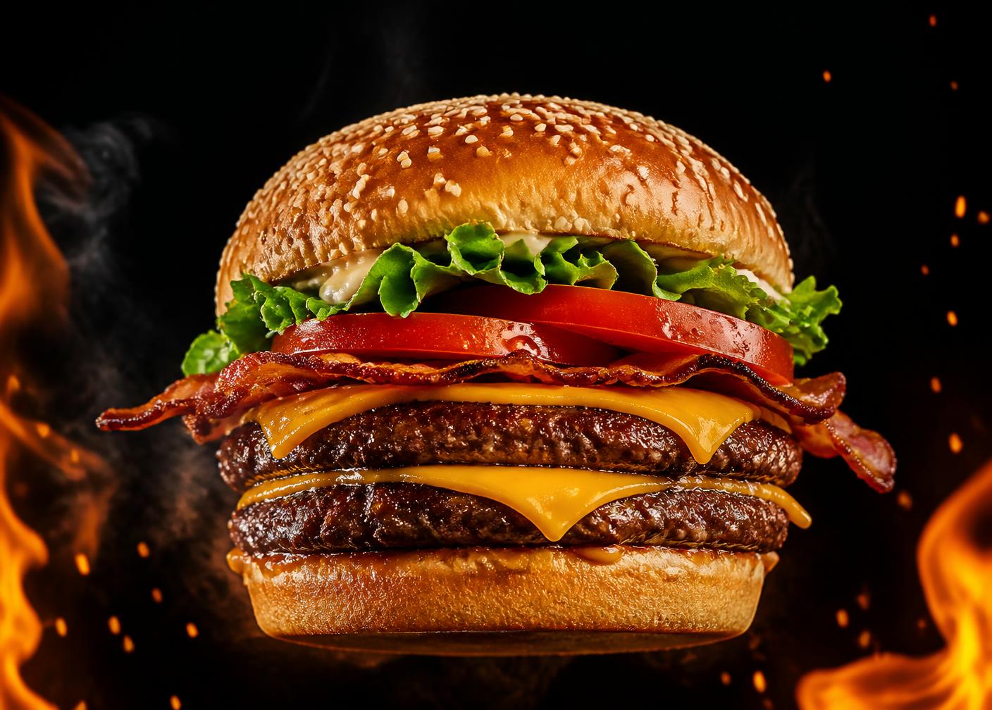 Double cheeseburger with flames